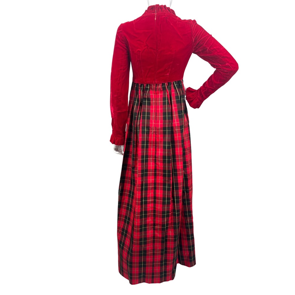 Vintage Regency Red Plaid Long Dress Velvet Bridgerton 70s Cottage Christmas - Picture 2 of 9